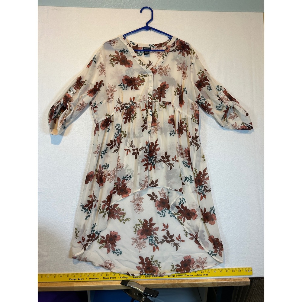 Torrid Floral Chiffon High Low Tunic Top Womens 1 Empire Waist Roll Tab Sleeve